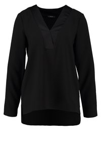 Blusa nera a maniche lunghe con scollatura a V. Presenta una texture liscia e un orlo posteriore leggermente più lungo. Design minimalista senza motivi o decorazioni.
