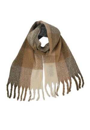 Soft, woven scarf with wide vertical stripes in beige, brown, and gray tones, featuring long fringes on both ends.