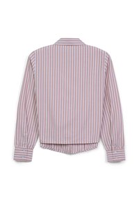 Camicia a maniche lunghe, a righe verticali rosa e bianche, con colletto, orlo curvo, polsini con bottoni singoli. Tessuto dalla texture liscia.