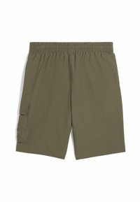 Olivově zelené cargo šortky s elastickým pasem, bočním klopovým kapsou a hladkým, lehkým materiálem. Jednoduchý, praktický design.
