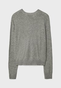 Maglione a maniche lunghe grigio chiaro in maglia con scollo tondo e polsini e orlo a costine su sfondo bianco.