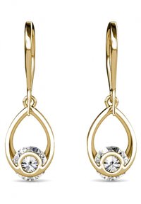 Orecchini pendenti color oro presentano un design a goccia, con un cristallo rotondo trasparente accentuato da un dettaglio circolare sottostante. Texture liscia, forma elegante.