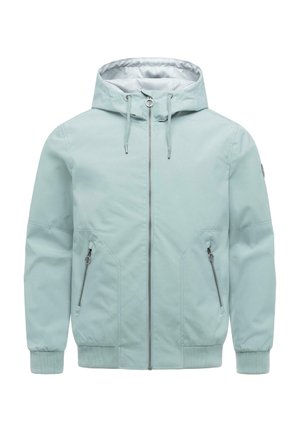 Lyseblå hættetrøjejakke med forreste lynlås, snoretræk, to lynlåslommer i siderne samt ribstrikkede manchetter og kant.