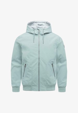 Lyseblå hættetrøjejakke med forreste lynlås, snoretræk, to lynlåslommer i siderne samt ribstrikkede manchetter og kant.