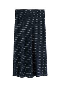 Gonna midi blu navy con pois bianchi, realizzata in tessuto morbido, caratterizzata da un design senza vita per una silhouette liscia.