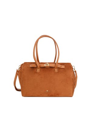 Borsa a tracolla in suede marrone con doppi manici in pelle, tracolla removibile e chiusura in tono oro con logo al centro.