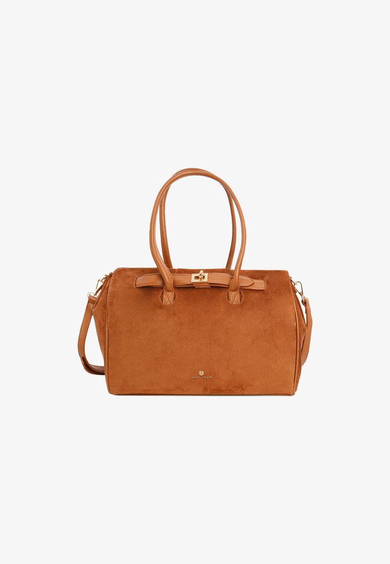 Brązowa torebka z zamszu z podwójnymi skórzanymi uchwytami, odczepianym paskiem na ramię oraz zapięciem w kolorze złotym i logo na środkowej części przodu.
