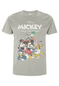 Camiseta de algodón gris con un gráfico colorido de personajes de Disney, incluidos Mickey Mouse y sus amigos, con texto en negrita arriba.
