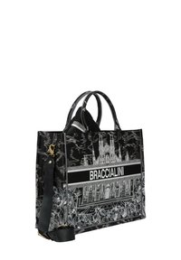Borsa tote in tessuto nero con un disegno dettagliato a linee bianche di un punto di riferimento, logo "BRACCIALINI", doppi manici e tracolla regolabile.
