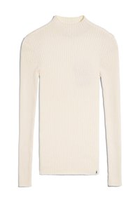 Lys beige langærmet ribbet turtleneck trøje med en tætsiddende pasform, glat tekstur og subtilt brandmærke ved kanten.