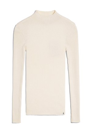 Pull à col roulé côtelé beige clair à manches longues, avec un design ajusté, une texture lisse et un accent de marque subtil �à l'ourlet.