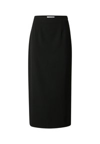 Zwarte kokerrok van gladde stof met een aansluitende silhouet, tot op de knie, voorzien van een subtiele voorklep en een klassieke tailleband.