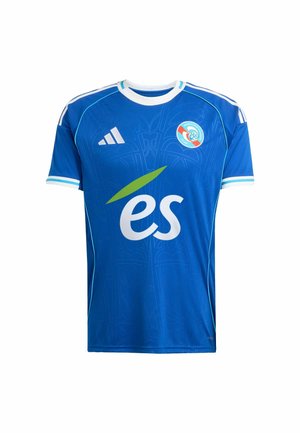 Blue short-sleeve soccer jersey with white collar and cuffs, featuring a textured pattern, green and white logo, and front sponsorship text.