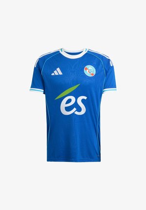 Plava nogometna majica kratkih rukava s bijelom kragnom i manžetama, s teksturiranim uzorkom, zeleno-bijelim logotipom i tekstom sponzora sprijeda.