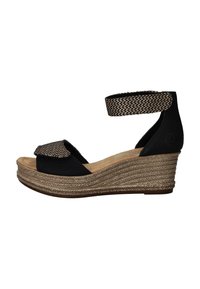 Zwarte wedge-sandalen met een geweven enkelband, een gestructureerde bovenkant en een gevoerd voetbed. Jute-omhulde zool met een gestructureerd ontwerp.