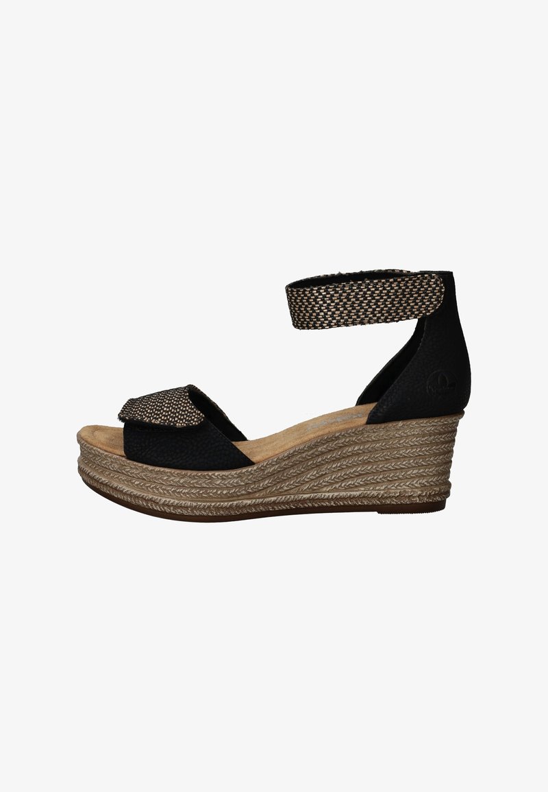 Zwarte wedge-sandalen met een geweven enkelband, een gestructureerde bovenkant en een gevoerd voetbed. Jute-omhulde zool met een gestructureerd ontwerp.