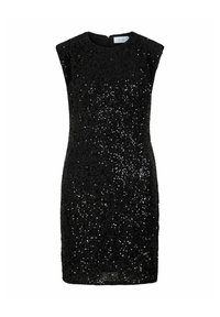 Black sleeveless dress covered in reflective sequins, with a high neckline and a concealed back zipper. Smooth fabric with a fitted shape.