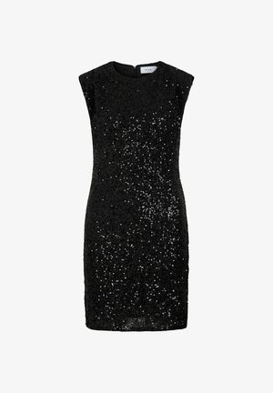 Crna haljina bez rukava prekrivena reflektirajućim šljokicama, s visokim ovratnikom i skrivenim stražnjim patentnim zatvaračem. Glatka tkanina s pristajajućim krojem.