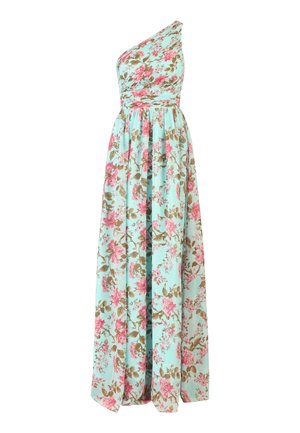 One-shoulder, floor-length dress with light blue base, pink floral pattern, and gathered waist detail.