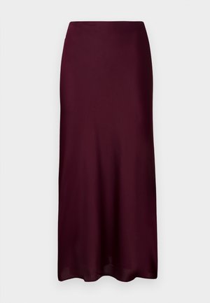 Burgundy satin midi skirt with a subtle sheen, featuring a straight cut and flowing design, suitable for various occasions.