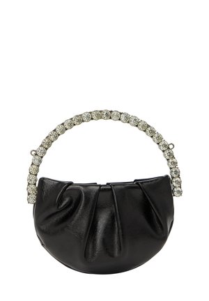 Borsa a mano in pelle nera con un design arricciato e un manico decorato con cristalli, caratterizzata da una forma arrotondata e una superficie liscia.