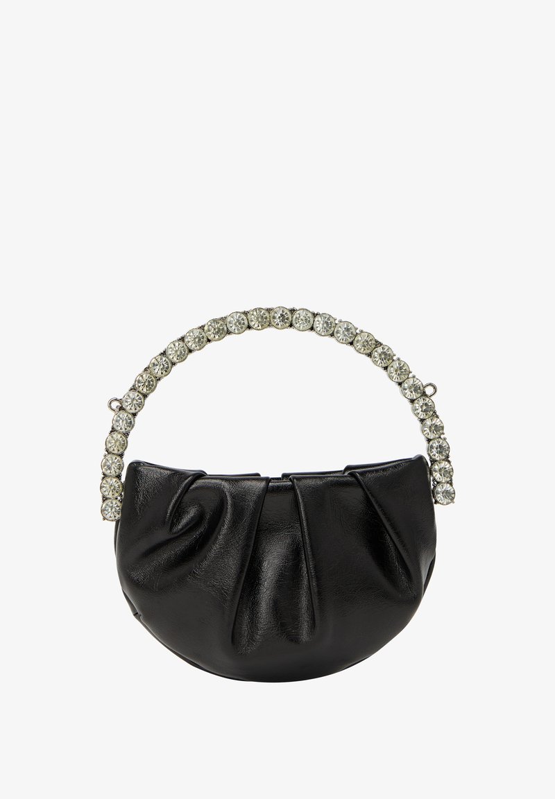 Juoda odinė rankinė su susiraukšlėjusia dizaino struktūra ir kristalais dekoruota rankena, turinti apvalią formą ir lygų paviršių.