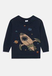 Pull en maille bleu marine avec un design de fusée, accentué de beige et de vert, entouré de planètes colorées. Encolure et poignets côtelés.