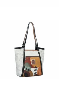 Tasche aus perforiertem weißen Leder mit schwarzem Rand und einem mehrfarbigen, abstrakten Design, das Kreise und Formen zeigt. Beinhaltet ein Reißverschlussfach.