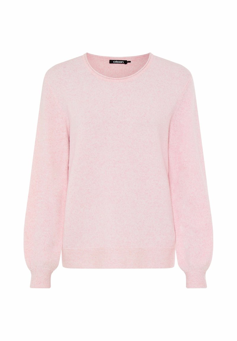 Hellrosa Pullover mit rundem Halsausschnitt und langen Ärmeln. Weiche Stricktextur, gerippte Bündchen und Saum, mit einem dezenten gesprenkelten Muster.
