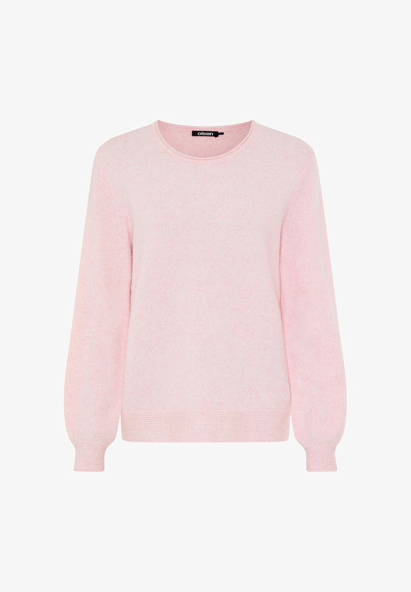 Hellrosa Pullover mit rundem Halsausschnitt und langen Ärmeln. Weiche Stricktextur, gerippte Bündchen und Saum, mit einem dezenten gesprenkelten Muster.