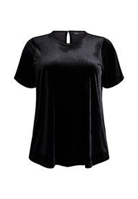 Black velvet short-sleeve top with a round neckline and a keyhole detail at the back. Smooth texture with a relaxed fit.