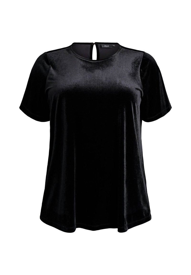 Black velvet short-sleeve top with a round neckline and a keyhole detail at the back. Smooth texture with a relaxed fit.