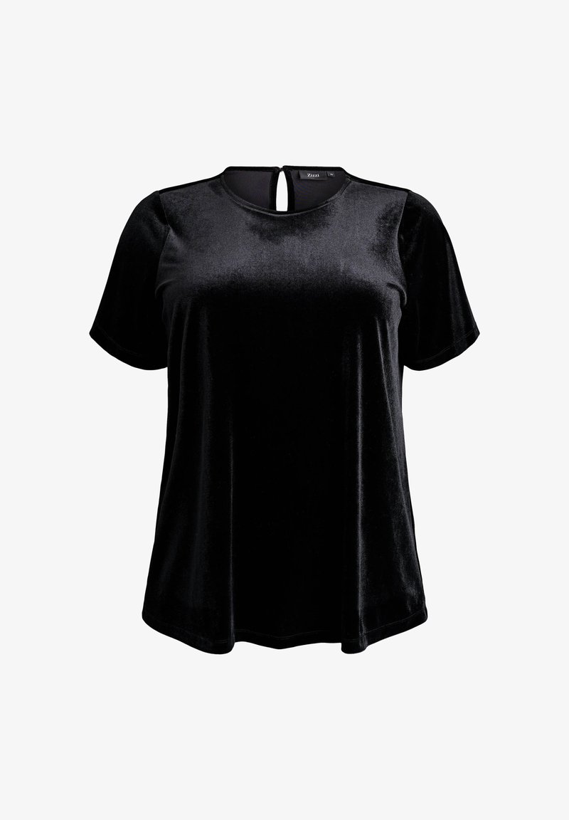 Schwarzes Samt-Top mit kurzen Ärmeln, Rundhalsausschnitt und einem Schlüsselloch-Detail im Rücken. Glatte Textur mit lockerem Schnitt.