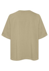 Camiseta de cuello redondo de manga corta beige mostrada desde la parte trasera sobre un fondo blanco.