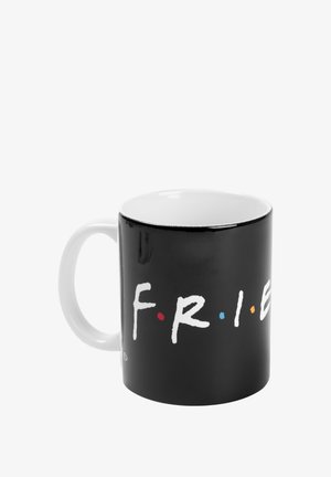 Tazza in ceramica nera con forma arrotondata, decorata con il testo "F.R.I.E.N.D.S" in bianco e puntini colorati. Finitura liscia e lucida.