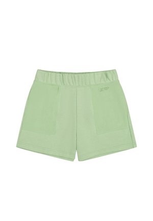 Shorts vert clair en tissu doux, avec une taille élastique, deux poches avant et une texture lisse. Design décontracté.