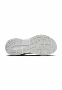 Weiße Sportschuhsohle mit strukturierten Gummigriffmustern; bemerkenswerte Bereiche umfassen Rillen und erhöhte Designs für Traktion und Flexibilität.