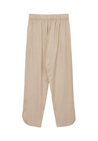 Pantalons beiges, légers, avec une taille élastique, des jambes larges et de subtils fentes latérales à l'ourlet pour faciliter les mouvements. Texture lisse.