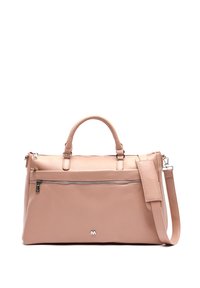 Kozna torba breskve boje s dvostrukim ručkama, odvojivim remenom za rame, prednjim zip džepom i akcentima od srebrnog hardvera. Glatka tekstura.