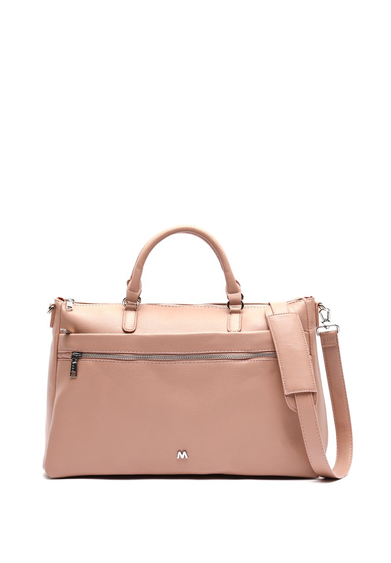 Kozna torba breskve boje s dvostrukim ručkama, odvojivim remenom za rame, prednjim zip džepom i akcentima od srebrnog hardvera. Glatka tekstura.