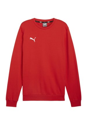 Rode katoenen sweatshirt met lange mouwen, geribbelde manchetten en ronde hals. Bevat een wit Puma-logo op de borst. Gladde textuur.