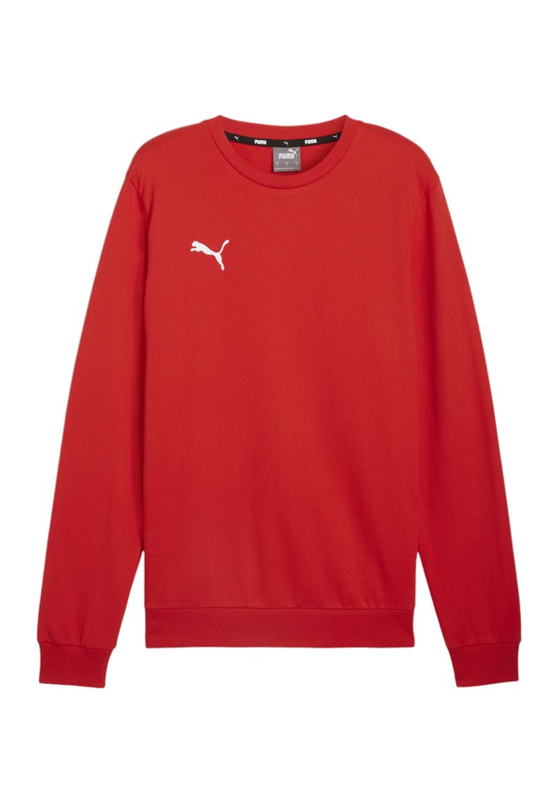 Felpa rossa in cotone con maniche lunghe, polsini a costine e scollatura a girocollo. Presenta un logo Puma bianco sul petto. Tessuto liscio.