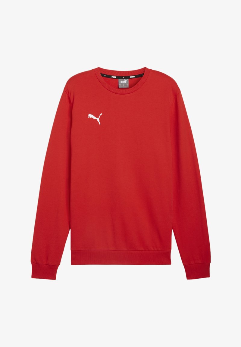 Roter Baumwollpullover mit langen Ärmeln, gerippten Bündchen und Rundhalsausschnitt. Mit einem weißen Puma-Logo auf der Brust. Glatte Textur.