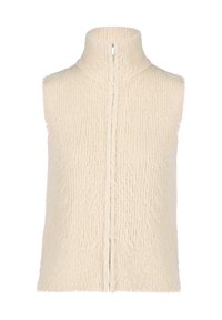 Débardeur crème sans manches avec un col haut, présentant un motif de tricot texturé et une fermeture éclair centrale. Matière douce et pelucheuse.