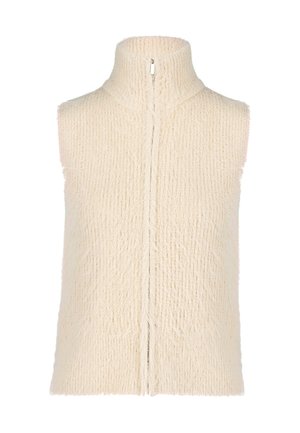Débardeur crème sans manches avec un col haut, présentant un motif de tricot texturé et une fermeture éclair centrale. Matière douce et pelucheuse.