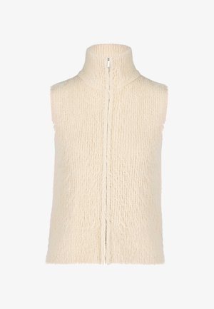 Sleeveless cream vest with a high collar, featuring a textured knit pattern and a central zipper closure. Soft, fuzzy material.