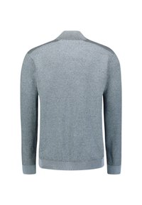 Lichtgrijze gebreide sweater met lange mouwen en een geribbelde kraag, manchet en zoom, getoond vanaf de achterkant op een witte achtergrond.