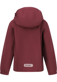 Giacca impermeabile bordeaux con cappuccio, polsini elasticizzati e cuciture piatte. Logo sulla parte bassa della schiena con una superficie liscia e opaca.