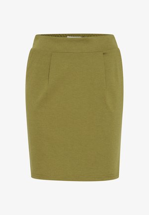 Maslinasta dugačka suknja s elastičnom gumom u struku, strukturirana pletena tkanina i suptilne nabore sprijeda za dodatni detalj.