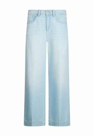 Jeans de mezclilla azul claro de pierna ancha con bolsillos delanteros, trabillas para cinturón, cierre de botón y detalles sutiles desgastados.